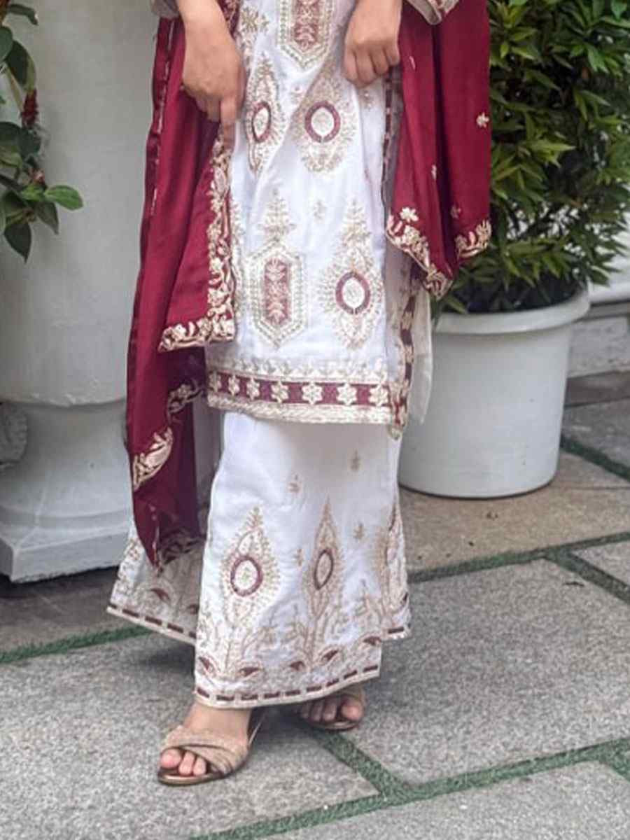 White Pure Chinon Silk Embroidery Party Wedding Festival Casual Ready Palazzo Pant Salwar Kameez