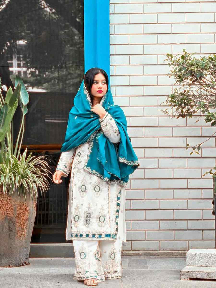 White Pure Chinon Silk Embroidery Party Wedding Festival Casual Ready Palazzo Pant Salwar Kameez