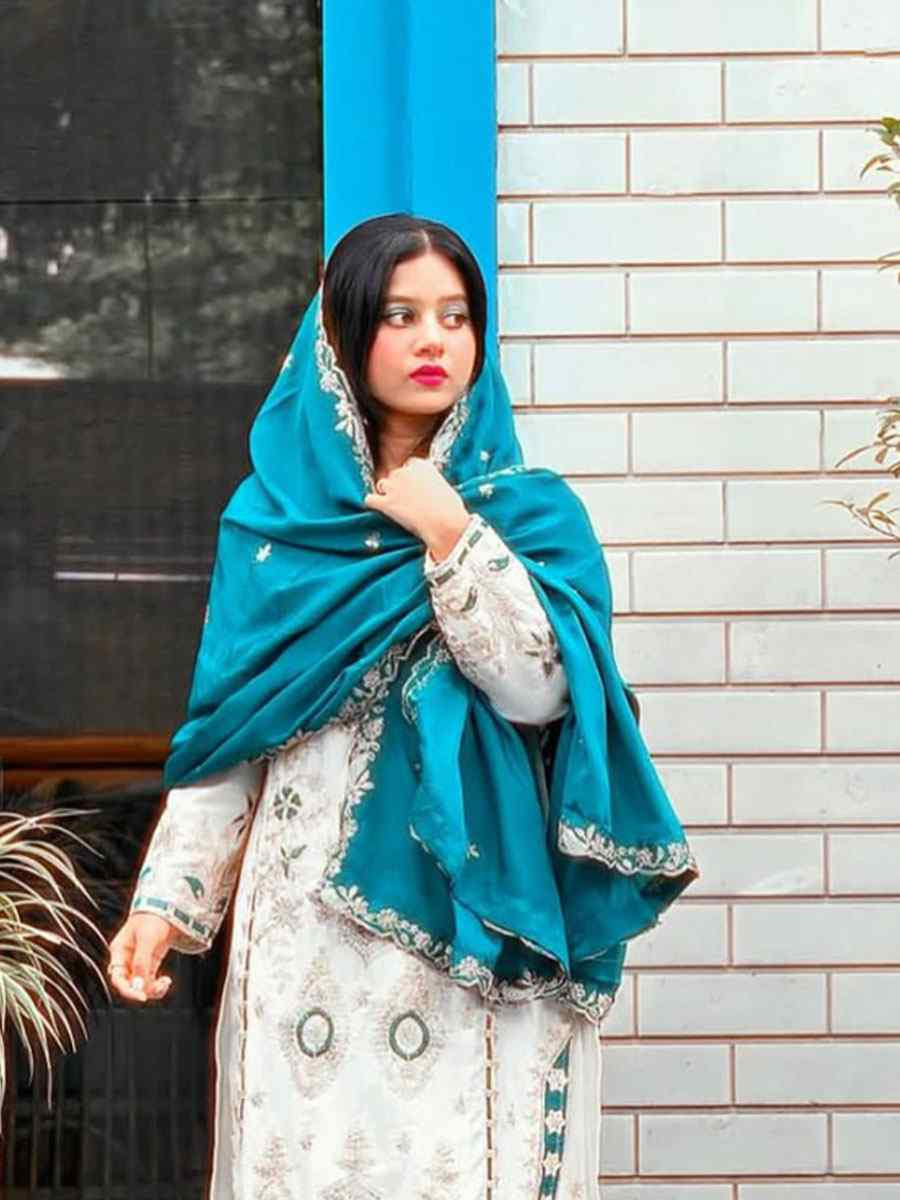 White Pure Chinon Silk Embroidery Party Wedding Festival Casual Ready Palazzo Pant Salwar Kameez