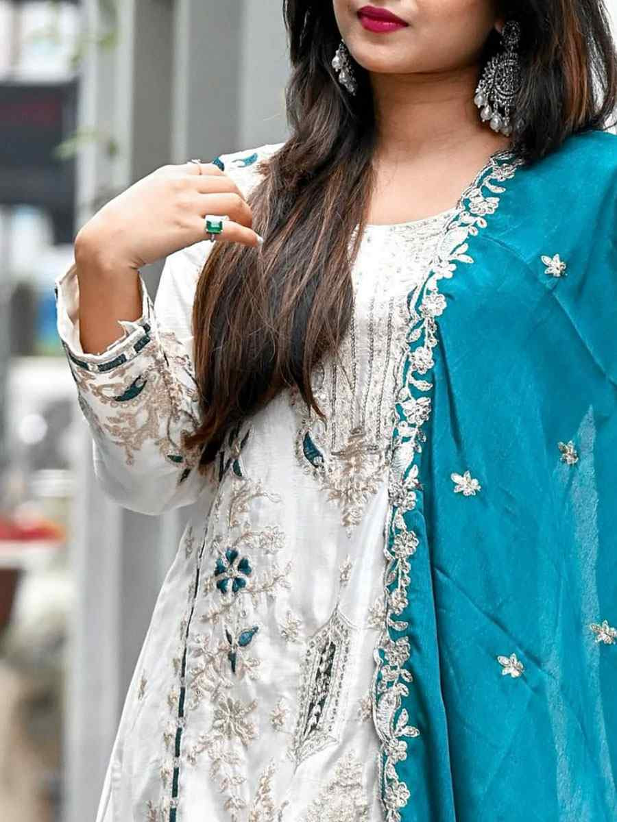 White Pure Chinon Silk Embroidery Party Wedding Festival Casual Ready Palazzo Pant Salwar Kameez