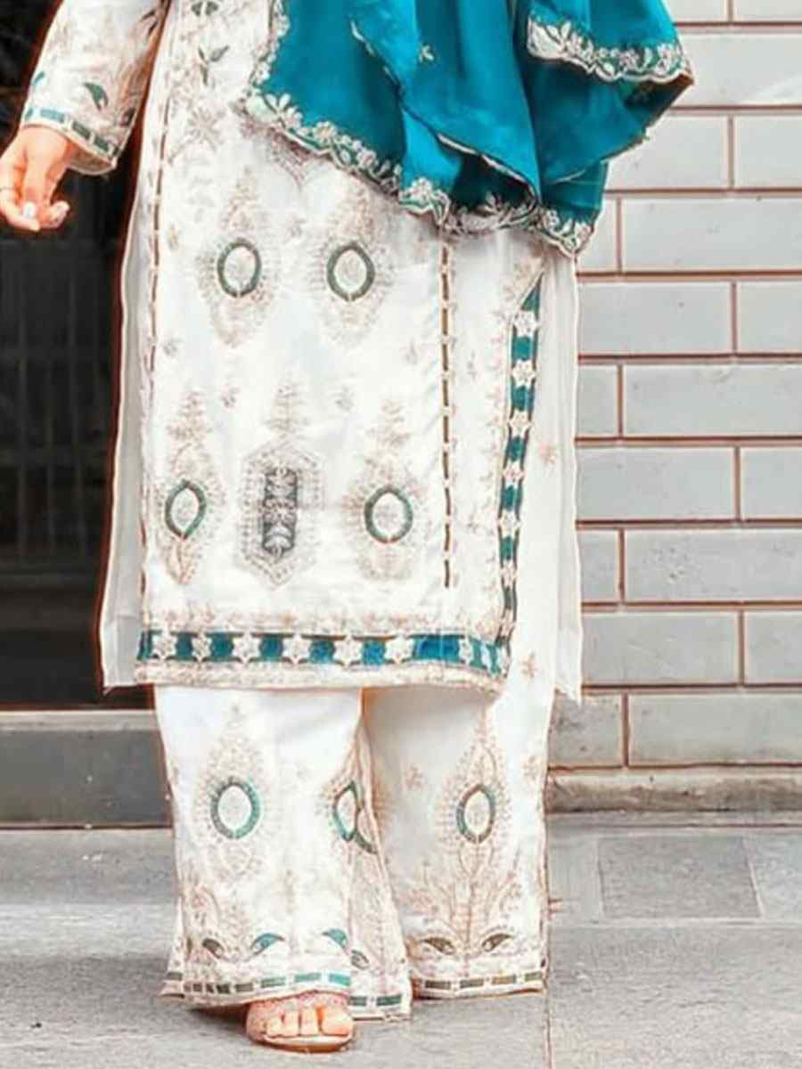 White Pure Chinon Silk Embroidery Party Wedding Festival Casual Ready Palazzo Pant Salwar Kameez