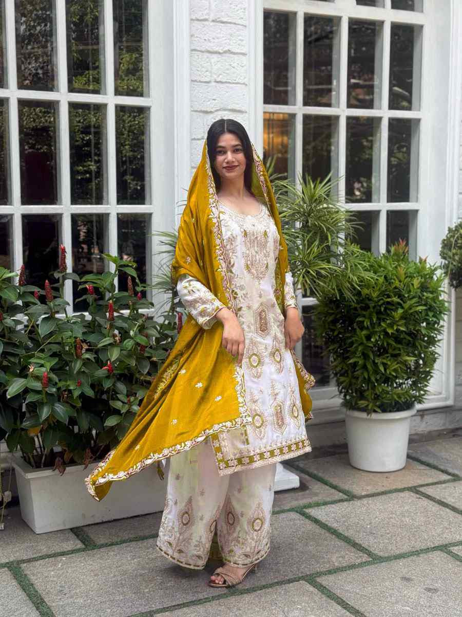 White Pure Chinon Silk Embroidery Party Wedding Festival Casual Ready Palazzo Pant Salwar Kameez