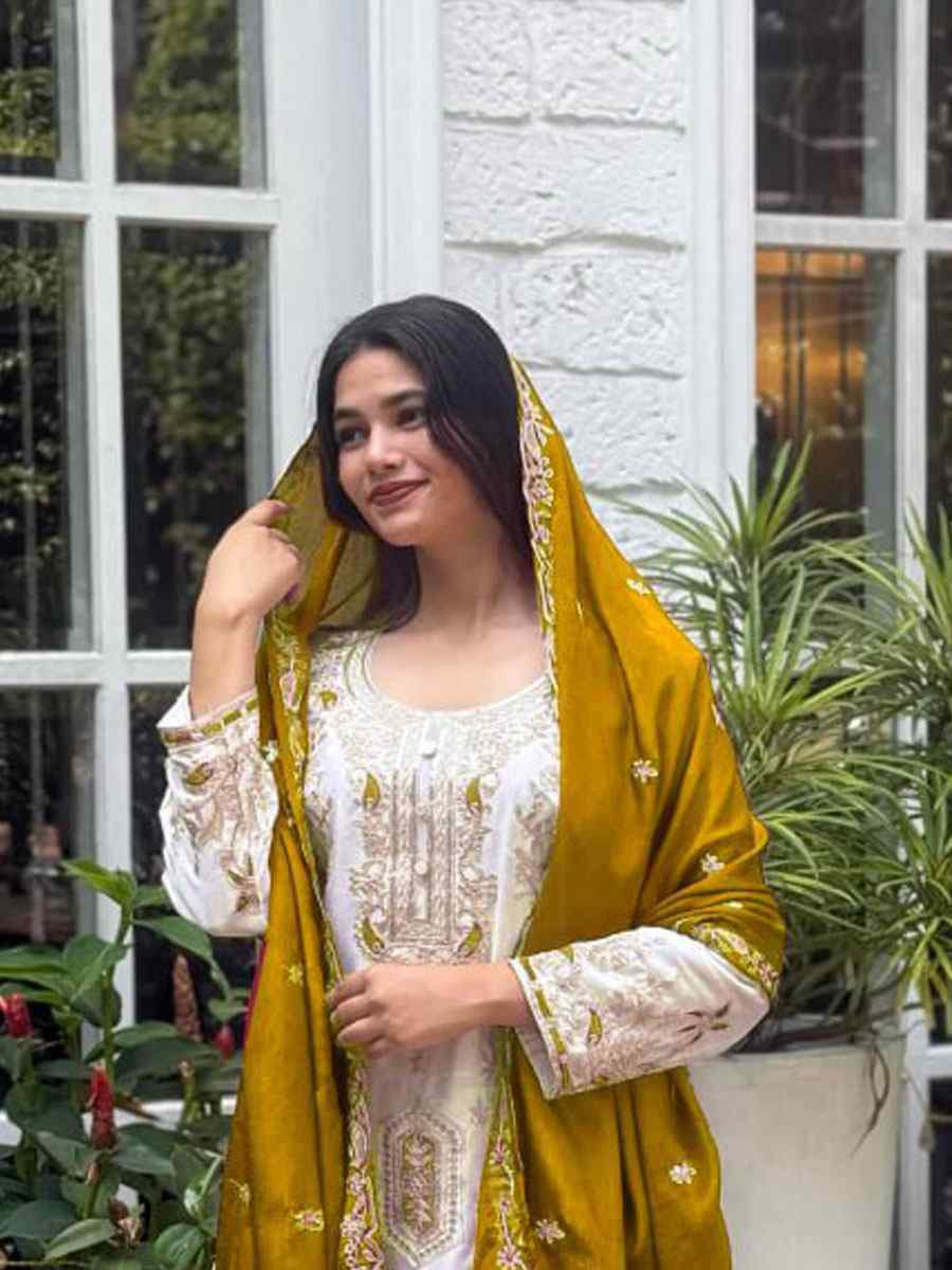 White Pure Chinon Silk Embroidery Party Wedding Festival Casual Ready Palazzo Pant Salwar Kameez