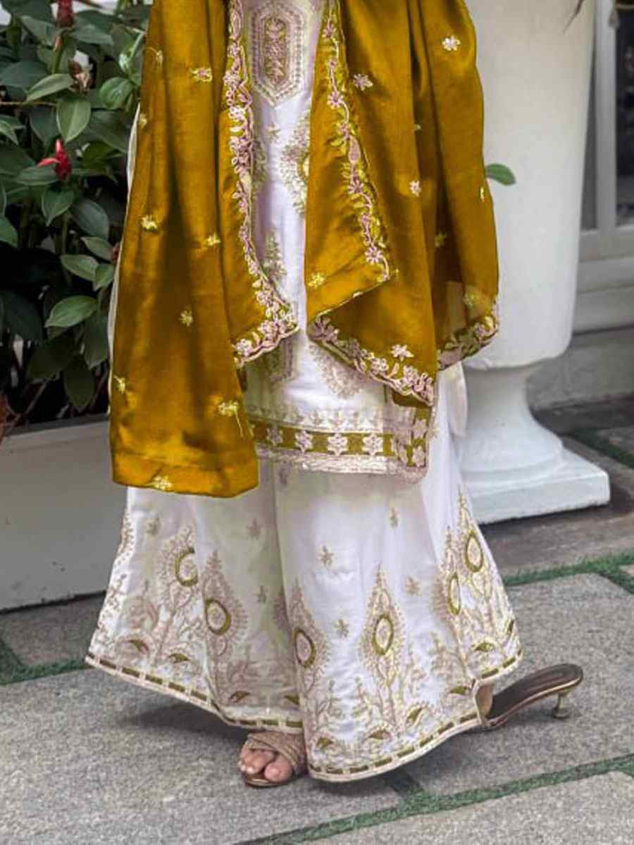 White Pure Chinon Silk Embroidery Party Wedding Festival Casual Ready Palazzo Pant Salwar Kameez