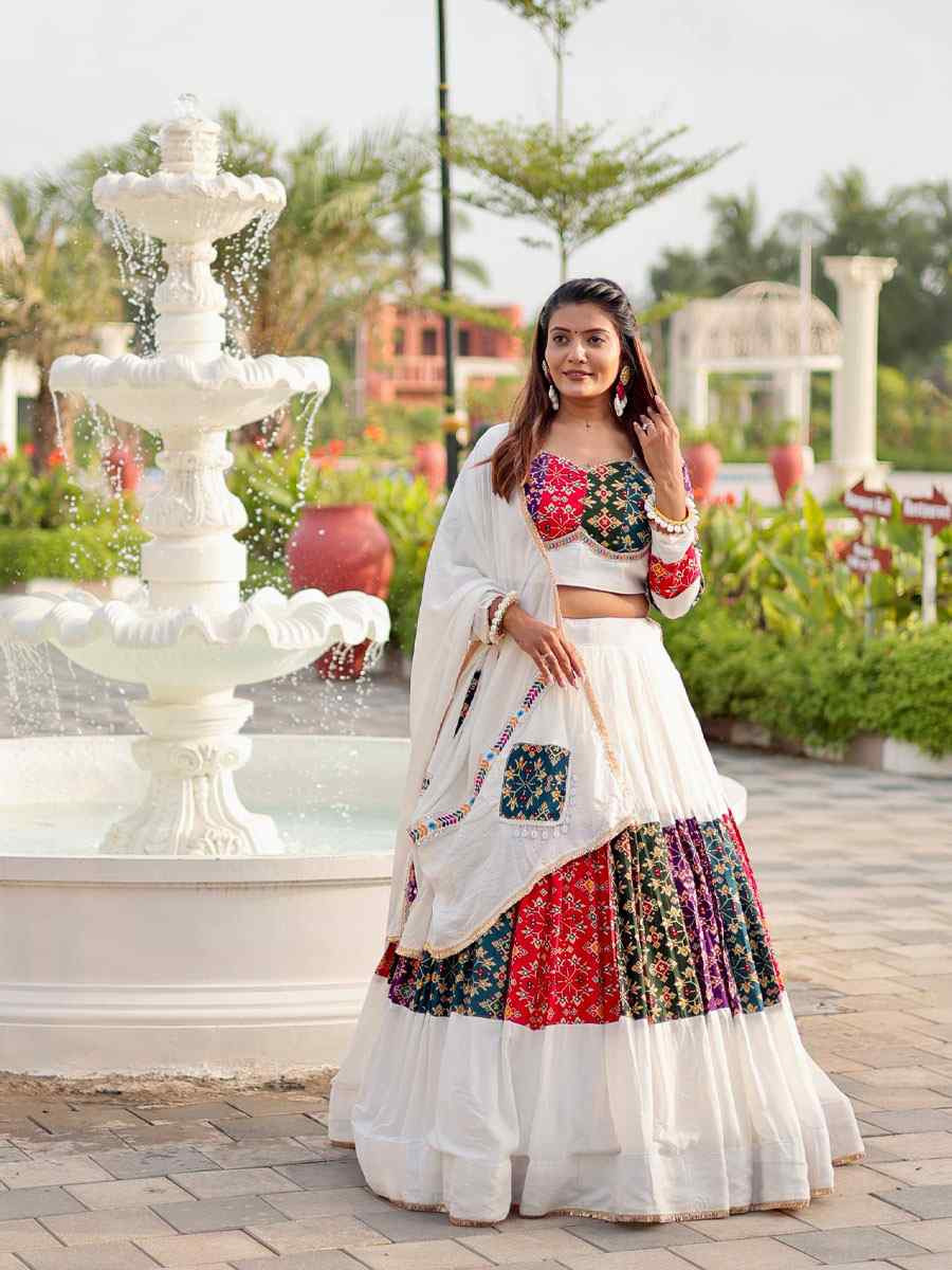 White Pure Cotton Embroidered Printed Wedding Reception Festival Heavy Border Lehenga Choli