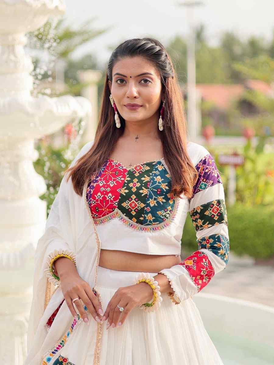 White Pure Cotton Embroidered Printed Wedding Reception Festival Heavy Border Lehenga Choli