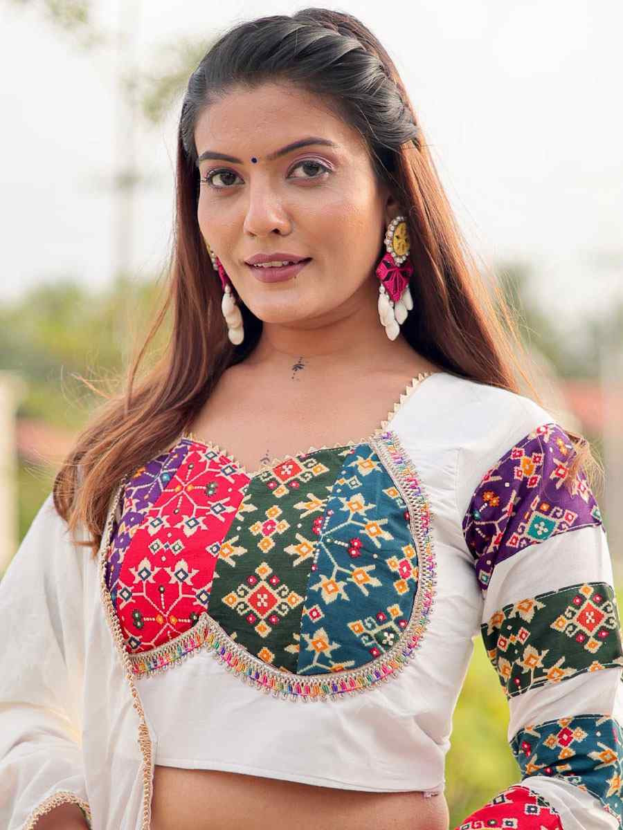 White Pure Cotton Embroidered Printed Wedding Reception Festival Heavy Border Lehenga Choli