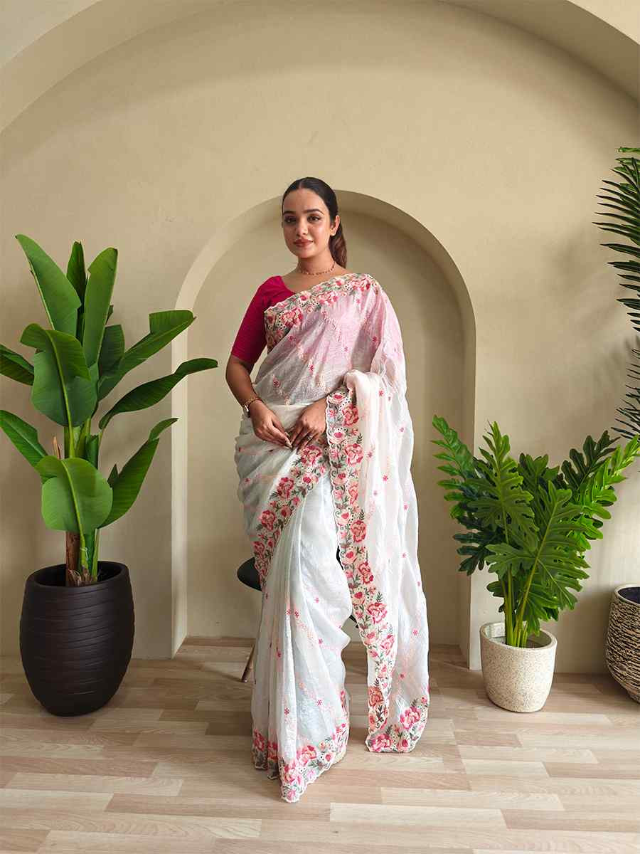 White Pure Crush Silk Embroidered Festival Wedding Fancy Heavy Border Saree