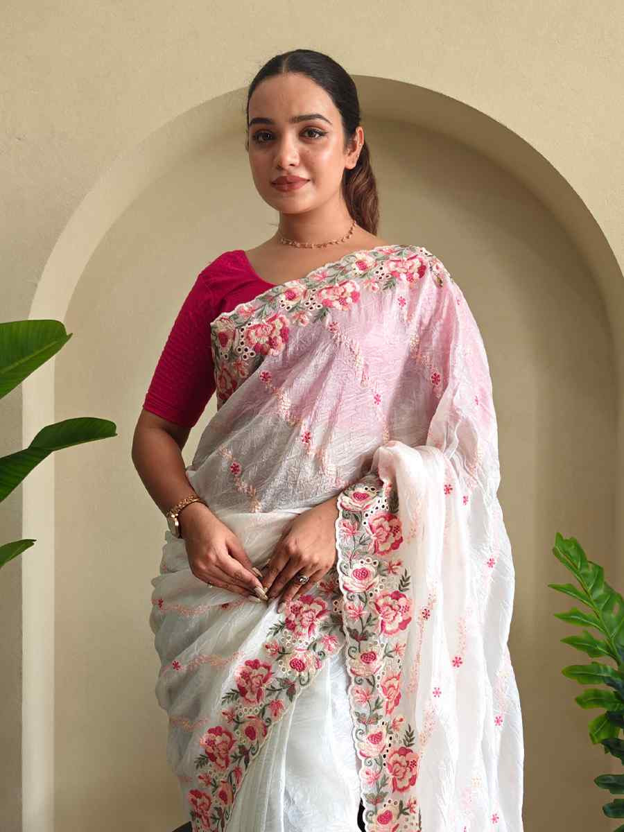 White Pure Crush Silk Embroidered Festival Wedding Fancy Heavy Border Saree