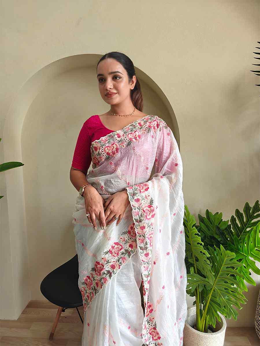 White Pure Crush Silk Embroidered Festival Wedding Fancy Heavy Border Saree