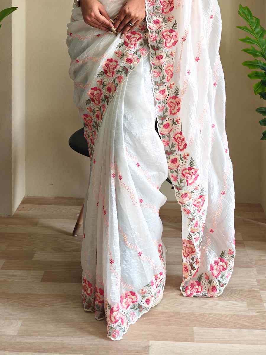 White Pure Crush Silk Embroidered Festival Wedding Fancy Heavy Border Saree