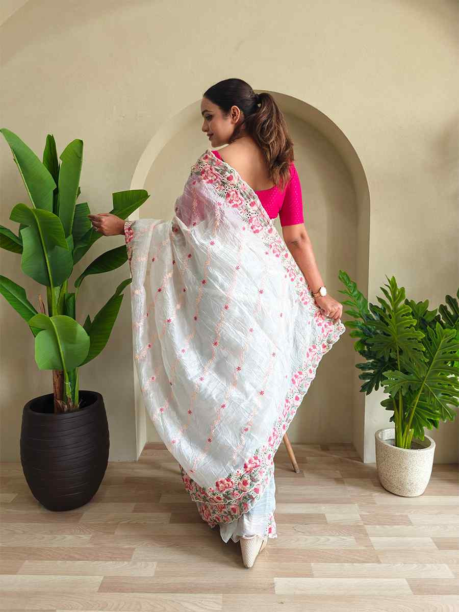 White Pure Crush Silk Embroidered Festival Wedding Fancy Heavy Border Saree