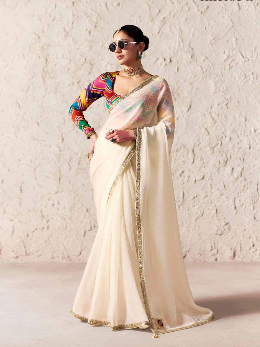 White Pure Fancy Tissue Silk Zari Sequins Wedding Reception Party Festival Heavy Border Sarees