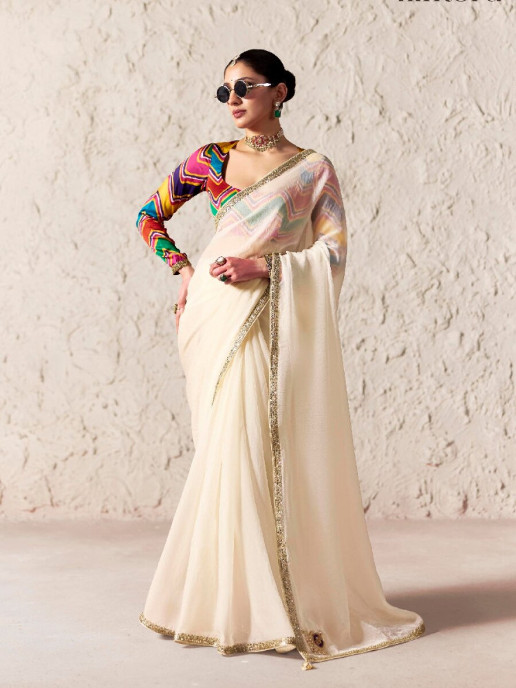 Image of White Pure Fancy Tissue Silk Zari Sequins Wedding Reception Party Festival Heavy Border Sarees
