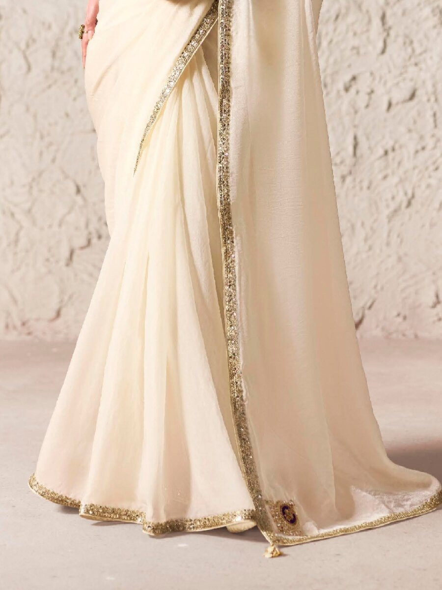 White Pure Fancy Tissue Silk Zari Sequins Wedding Reception Party Festival Heavy Border Sarees
