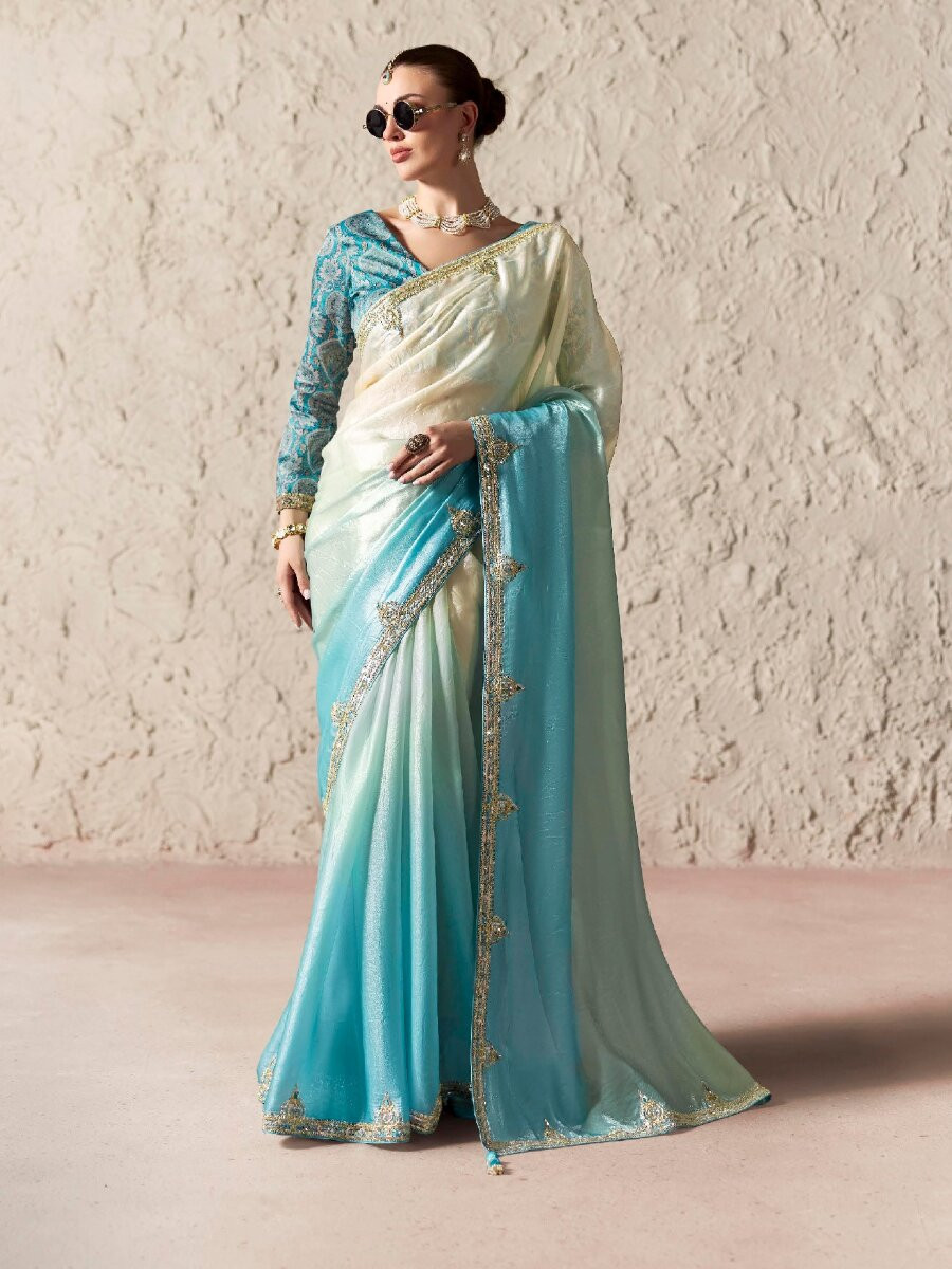 White Pure Fancy Tissue Silk Zari Sequins Wedding Reception Party Festival Heavy Border Sarees