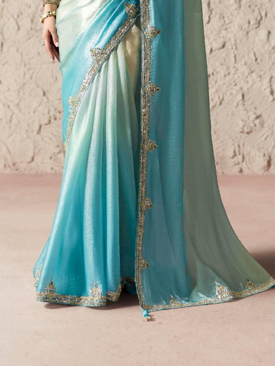 White Pure Fancy Tissue Silk Zari Sequins Wedding Reception Party Festival Heavy Border Sarees