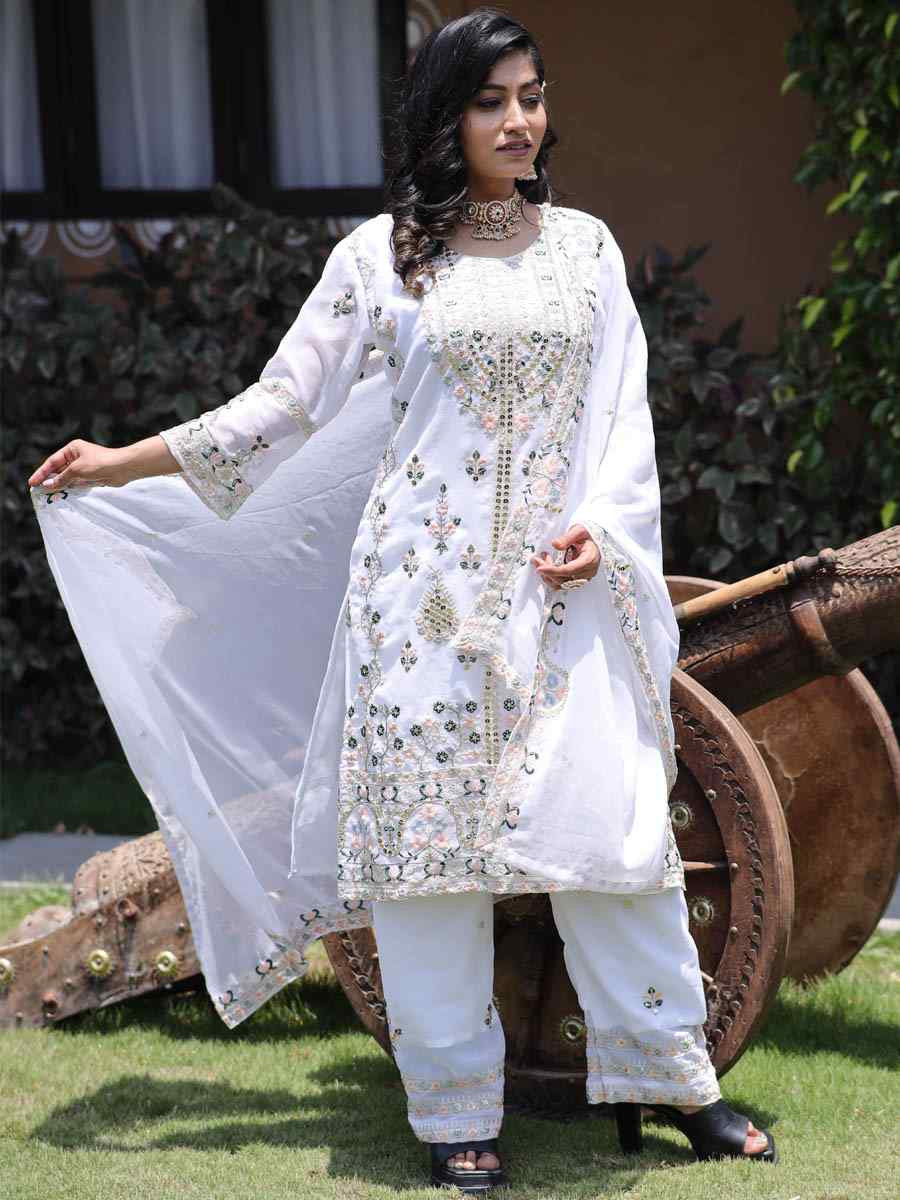 White Pure Faux Georgette Silk Embroidered Party Wedding Ready Pant Salwar Kameez