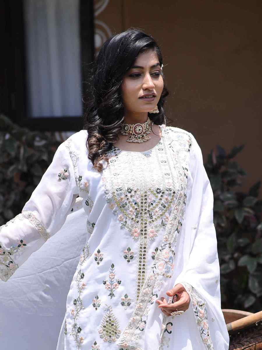 White Pure Faux Georgette Silk Embroidered Party Wedding Ready Pant Salwar Kameez