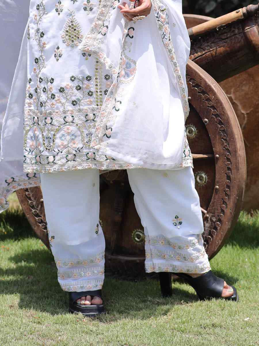 White Pure Faux Georgette Silk Embroidered Party Wedding Ready Pant Salwar Kameez
