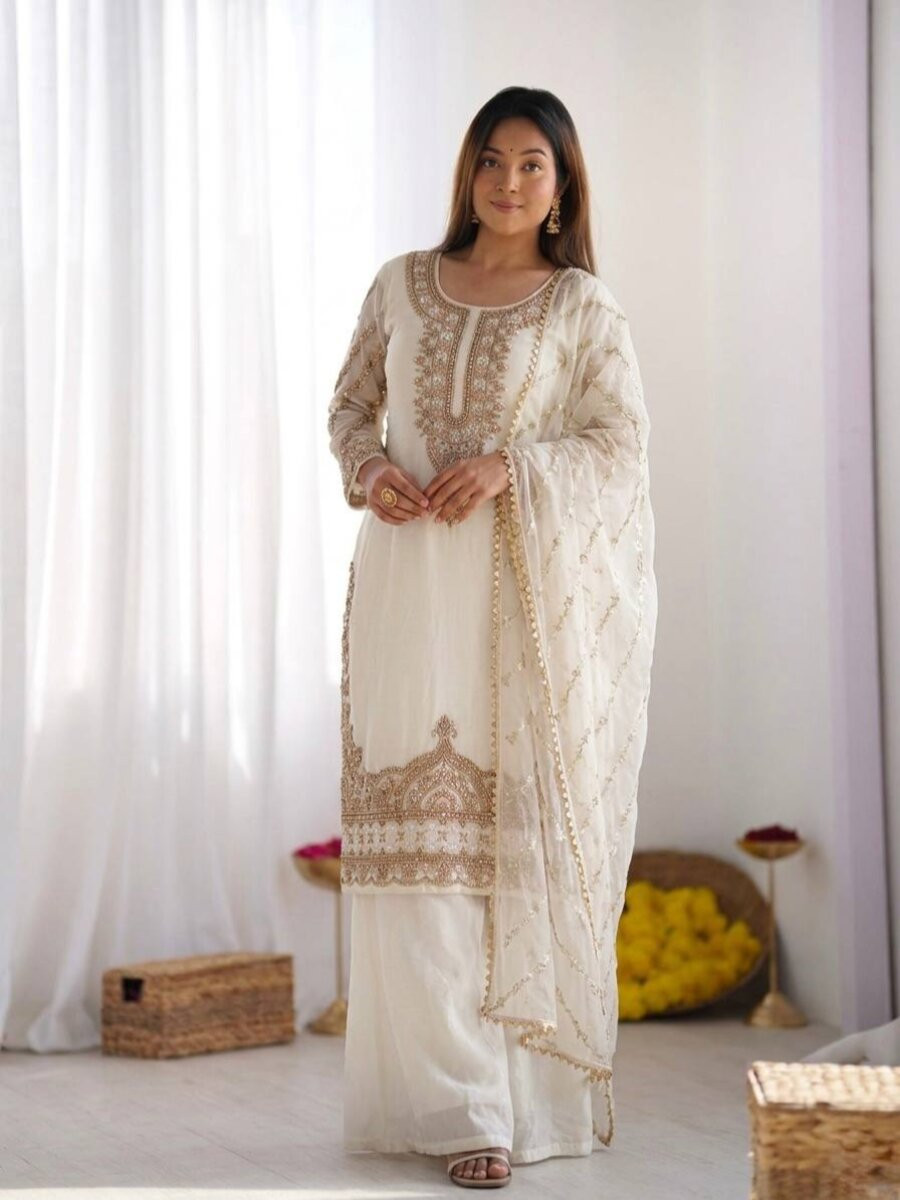 White Pure Fendy Silk Embroidery Sequins Zari Wedding Party Festival Casual Ready Palazzo Pant Salwar Kameez