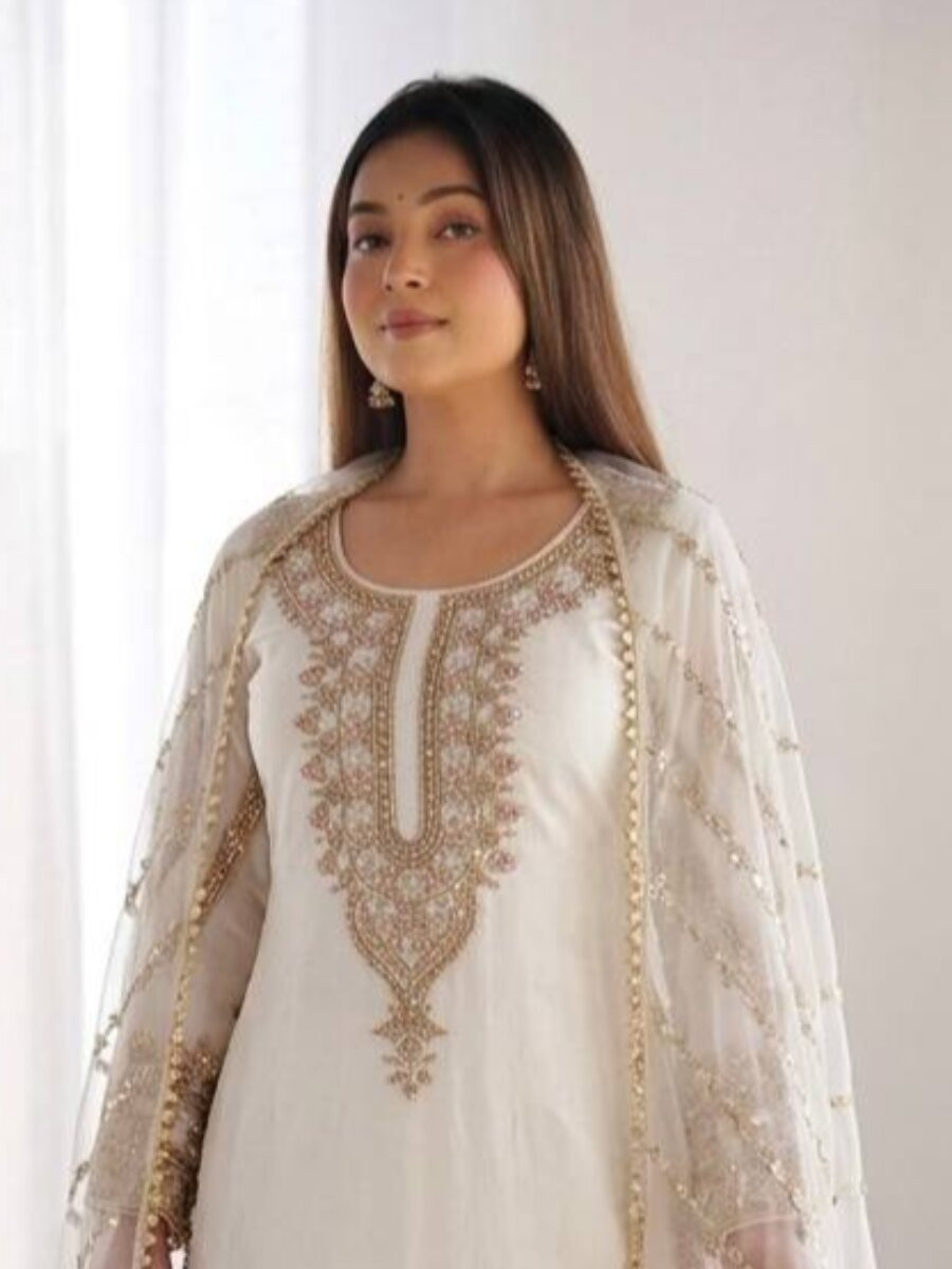 White Pure Fendy Silk Embroidery Sequins Zari Wedding Party Festival Casual Ready Palazzo Pant Salwar Kameez