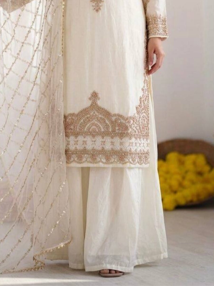 White Pure Fendy Silk Embroidery Sequins Zari Wedding Party Festival Casual Ready Palazzo Pant Salwar Kameez