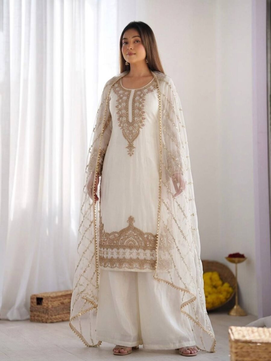 White Pure Fendy Silk Embroidery Sequins Zari Wedding Party Festival Casual Ready Palazzo Pant Salwar Kameez