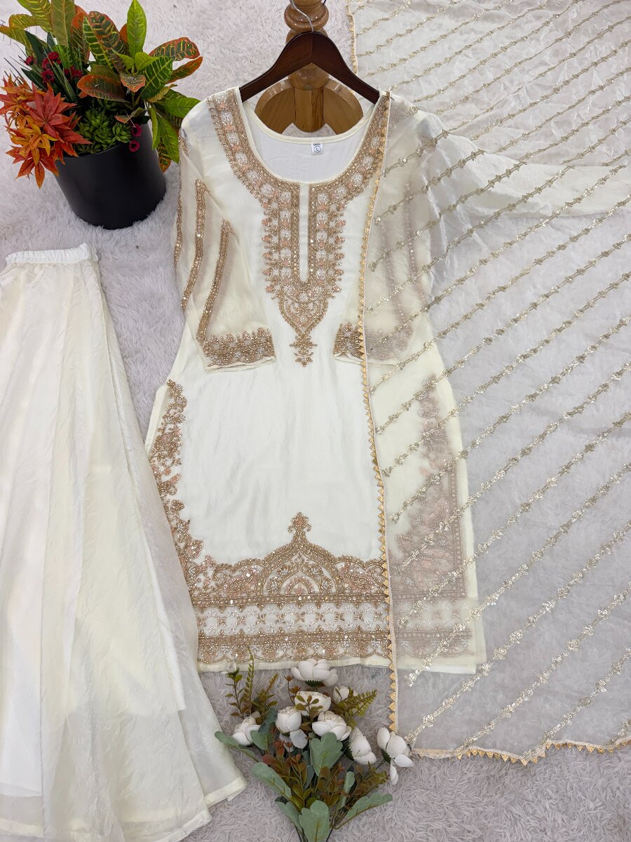 White Pure Fendy Silk Embroidery Sequins Zari Wedding Party Festival Casual Ready Palazzo Pant Salwar Kameez