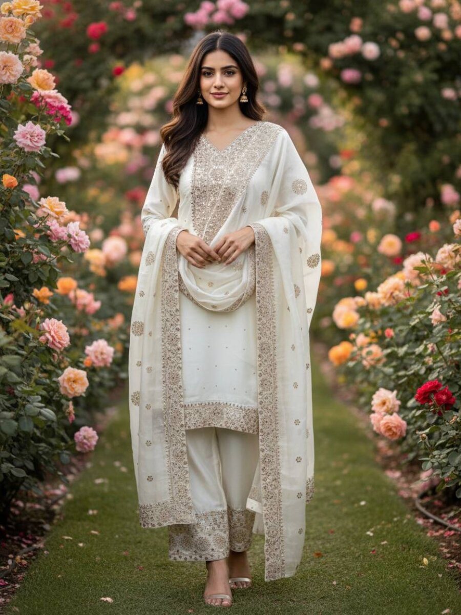 White Pure Fendy Silk Embroidery Sequins Zari Wedding Party Festival Palazzo Pant Salwar Kameez