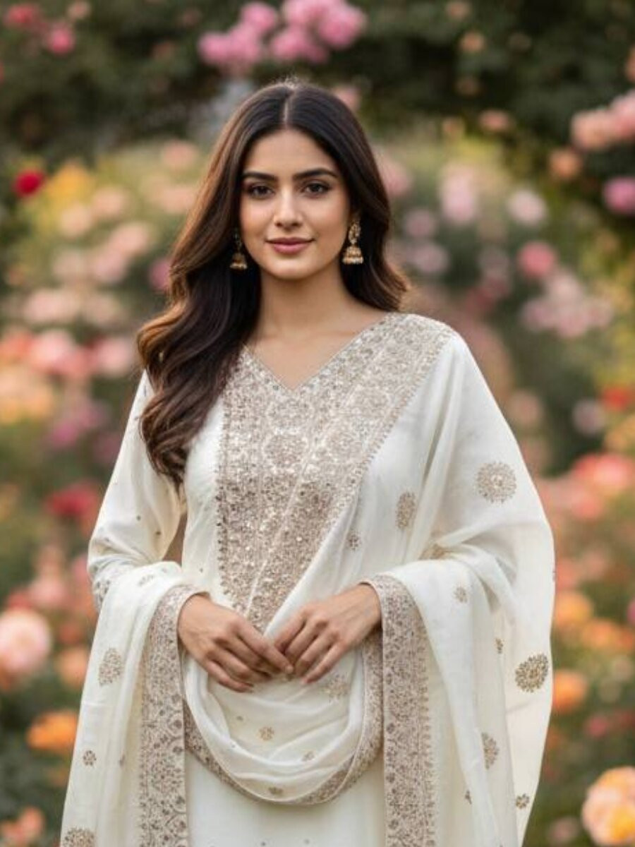 White Pure Fendy Silk Embroidery Sequins Zari Wedding Party Festival Palazzo Pant Salwar Kameez