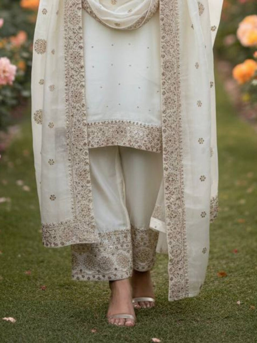 White Pure Fendy Silk Embroidery Sequins Zari Wedding Party Festival Palazzo Pant Salwar Kameez