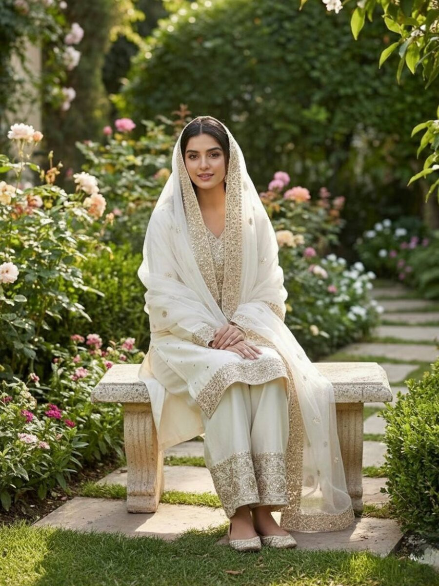 White Pure Fendy Silk Embroidery Sequins Zari Wedding Party Festival Palazzo Pant Salwar Kameez