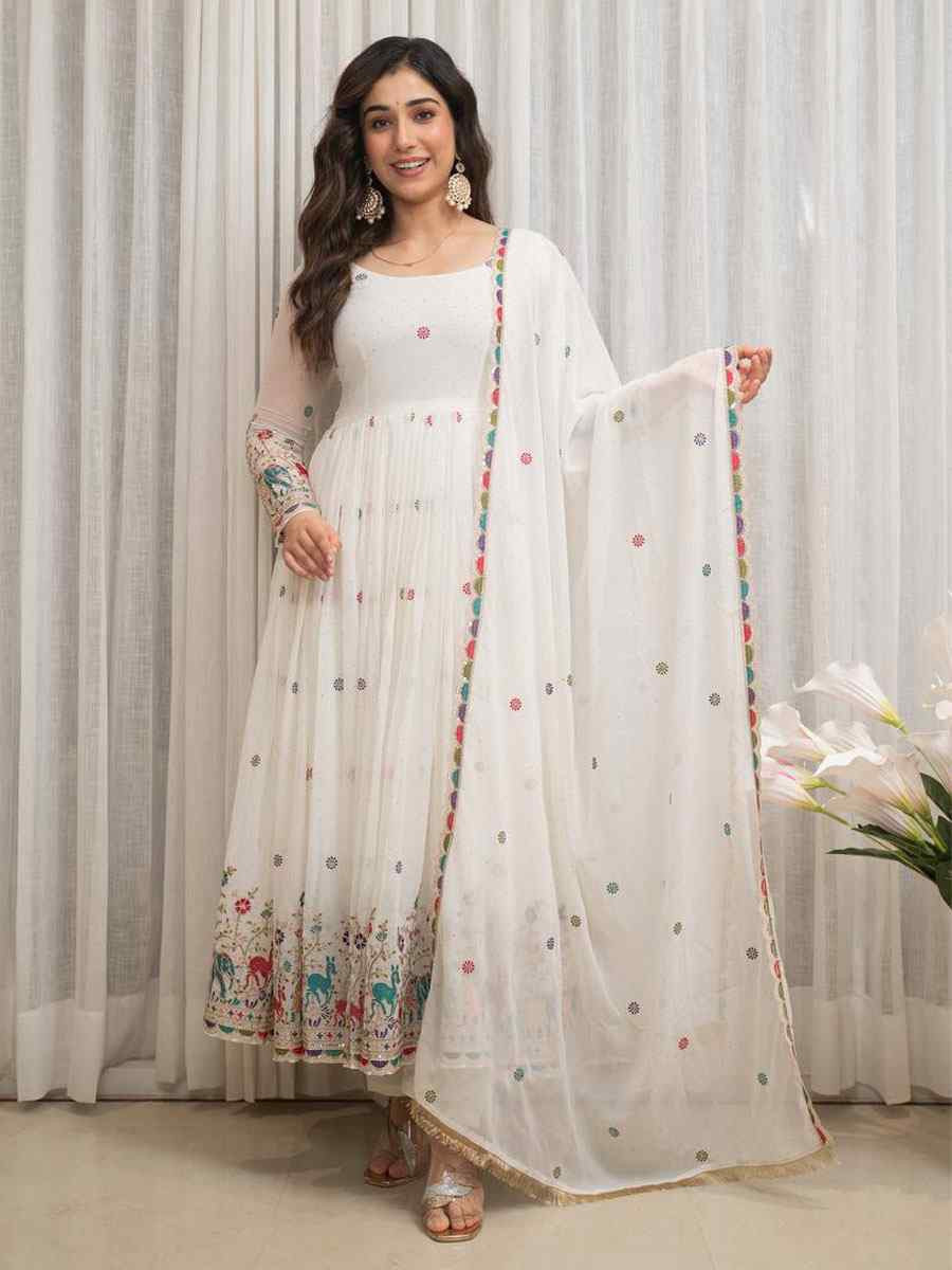 White Pure Fox Georgette Embroidery Party Wedding Festival Casual Ready Anarkali Salwar Kameez