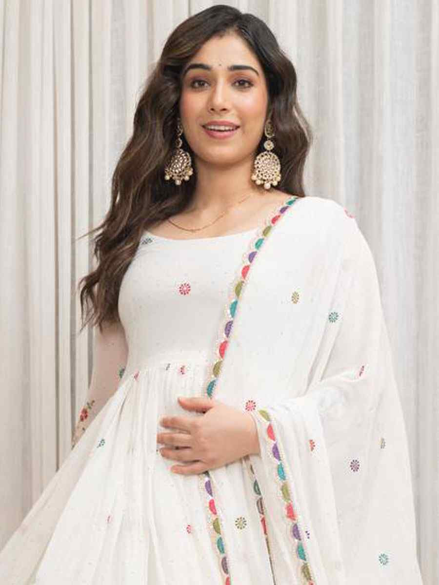 White Pure Fox Georgette Embroidery Party Wedding Festival Casual Ready Anarkali Salwar Kameez