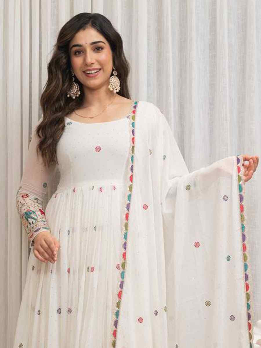 White Pure Fox Georgette Embroidery Party Wedding Festival Casual Ready Anarkali Salwar Kameez