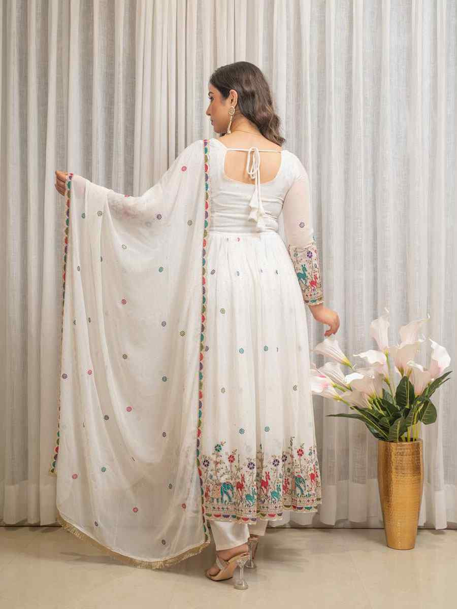 White Pure Fox Georgette Embroidery Party Wedding Festival Casual Ready Anarkali Salwar Kameez