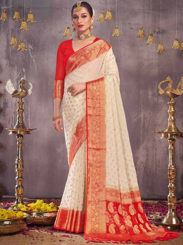 White Pure Georgette Handwoven Wedding Festival Heavy Border Saree