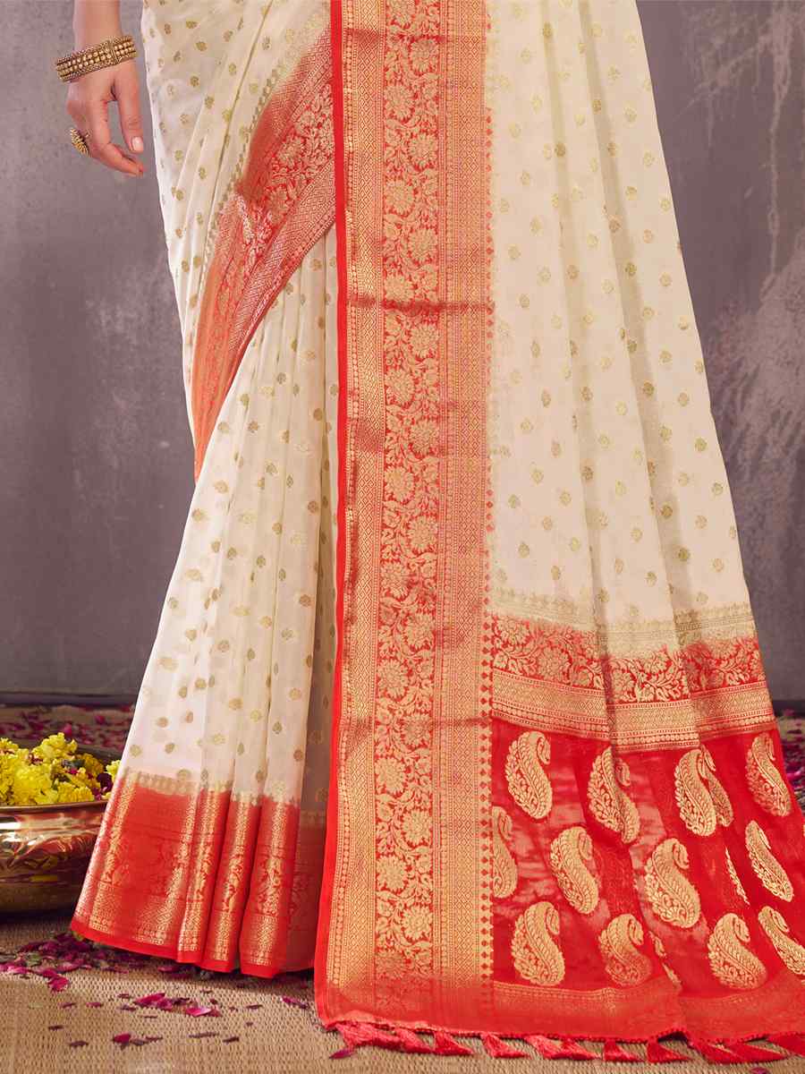 White Pure Georgette Handwoven Wedding Festival Heavy Border Saree