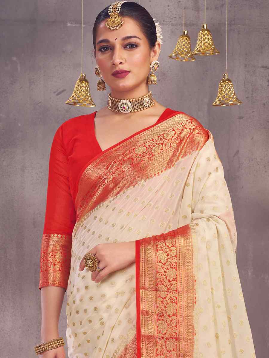 White Pure Georgette Handwoven Wedding Festival Heavy Border Saree