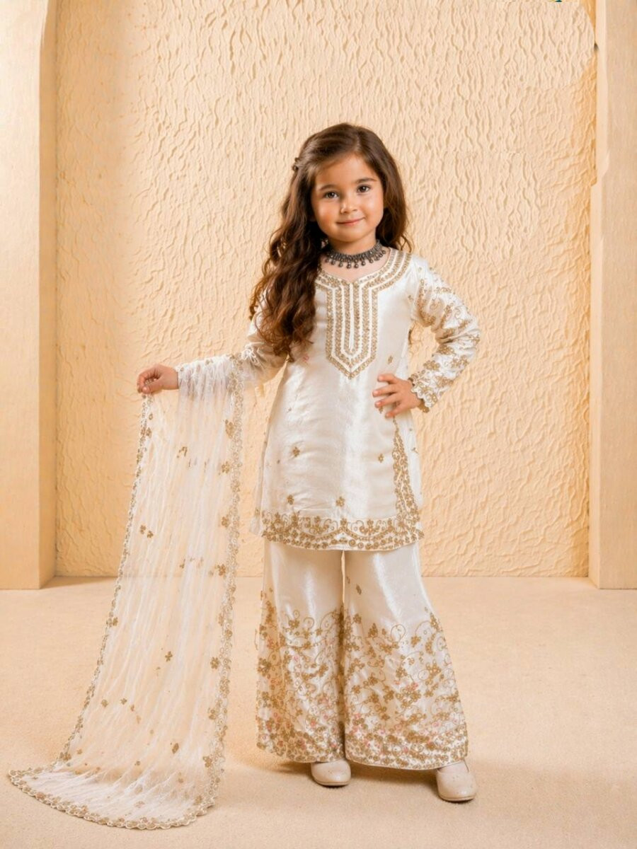 White Pure GMY Silk Embroidered Sequins Ethnic Casual Party Wedding Ready Salwars Girls Wear