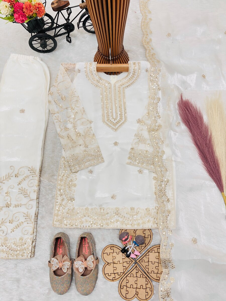 White Pure GMY Silk Embroidered Sequins Ethnic Casual Party Wedding Ready Salwars Girls Wear