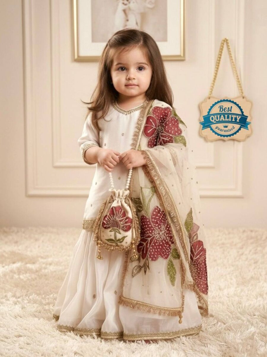 White Pure Gmy Silk Embroidered Sequins Festival Party Wedding Ready Kurta Sharara Girls Wear