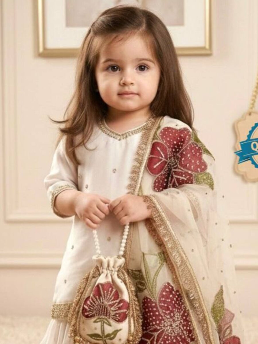 White Pure Gmy Silk Embroidered Sequins Festival Party Wedding Ready Kurta Sharara Girls Wear