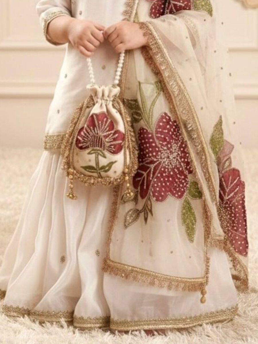 White Pure Gmy Silk Embroidered Sequins Festival Party Wedding Ready Kurta Sharara Girls Wear