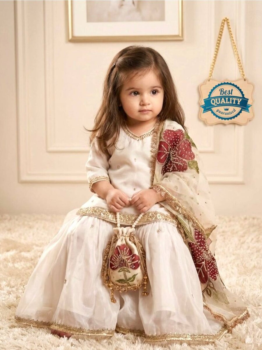 White Pure Gmy Silk Embroidered Sequins Festival Party Wedding Ready Kurta Sharara Girls Wear