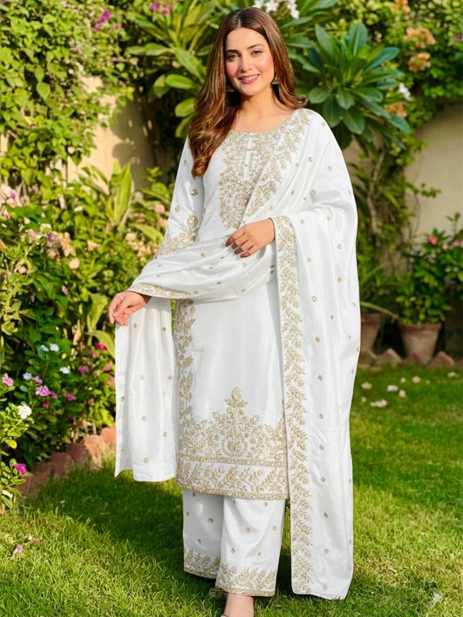 White Pure Gmy Silk Embroidery Sequins Party Wedding Festival Casual Ready Palazzo Pant Salwar Kameez