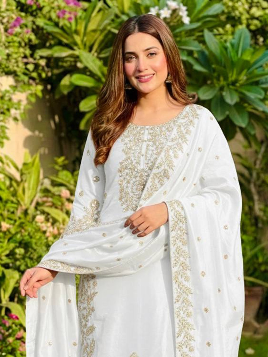 White Pure Gmy Silk Embroidery Sequins Party Wedding Festival Casual Ready Palazzo Pant Salwar Kameez