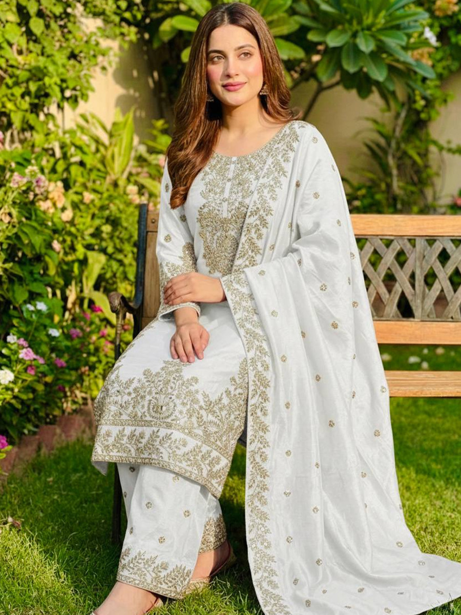 White Pure Gmy Silk Embroidery Sequins Party Wedding Festival Casual Ready Palazzo Pant Salwar Kameez