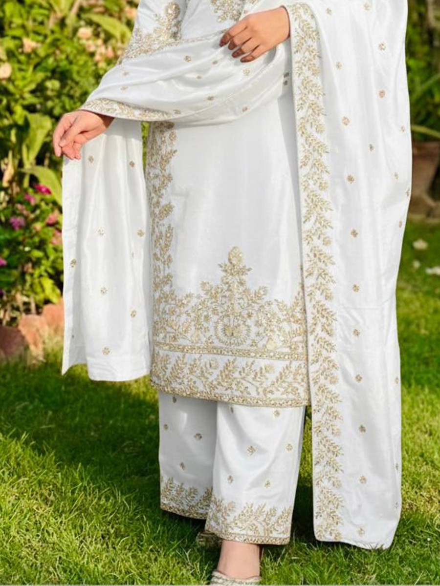 White Pure Gmy Silk Embroidery Sequins Party Wedding Festival Casual Ready Palazzo Pant Salwar Kameez